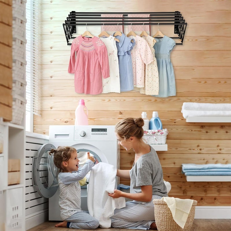 CAEXABO XL-31.5'' Wall Mounted Clothes Drying Rack, 130 lbs Large Capacity Rustproof Retractable Collapsible Drying Rack Easy Install with 7 Drying Rods, Space Saving Towel Clothes Rack for Laundry-Black - Image 4